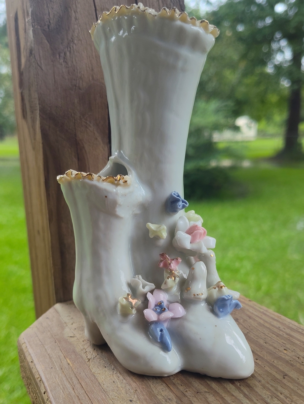 Vintage Porcelain Floral Double Bud Vase Boot with Gold Trim